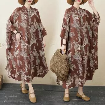 DIMANAF 2025 Женское длинное весеннее платье больших размеров, свободное платье с базовым принтом, повседневное макси, праздничное винтажное платье One Size коричневый