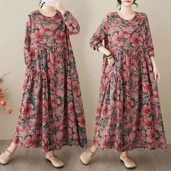DIMANAF 2025 Женское длинное весеннее платье больших размеров Повседневное платье Свободное цветочное базовое хлопковое льняное винтажное макси с длинным рукавом One size розовый