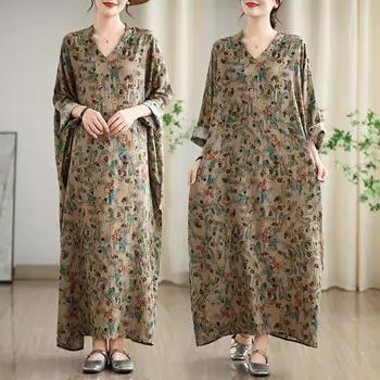 DIMANAF 2025 Женское длинное весеннее платье больших размеров с цветочным принтом и V-образным вырезом Повседневное винтажное платье Базовое свободное платье макси One Size дубильная кора