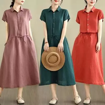 Dimanaf 2025 Женское льняное летнее платье на пуговицах Повседневное женское базовое длинное платье 8238 M