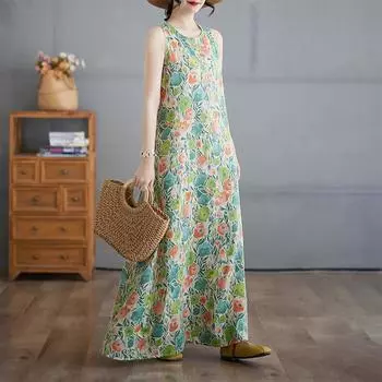 Dimanaf 2025 Женское льняное летнее платье с цветочным принтом, повседневное женское базовое длинное платье 8082 M