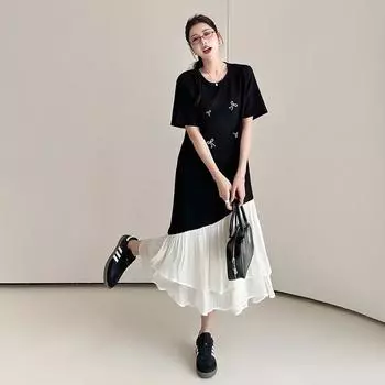 Dimanaf 2025 Женское Летнее Длинное Платье Базовое Винтажное Платье-Рубашка С Коротким Рукавом Сращенное Повседневное Свободное Платье Большого Размера L чёрный