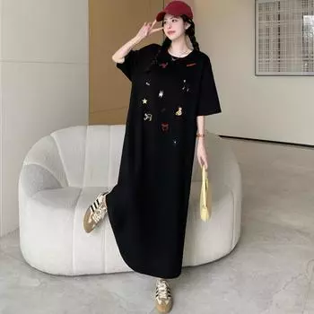 Dimanaf 2025 Женское Летнее Длинное Платье Винтажное Платье-рубашка с Коротким Рукавом Базовое Элегантное Повседневное Свободное Платье Большого Размера XL чёрный