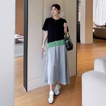 Dimanaf 2025 Женское Летнее Длинное Платье Большого Размера Винтажное Платье-рубашка с Коротким Рукавом Базовое Элегантное Повседневное Свободное Платье Оверсайз L чёрный