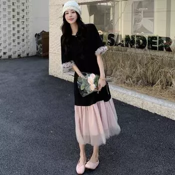 Dimanaf 2025 Женское летнее длинное платье Винтажное кружевное платье-рубашка с коротким рукавом Базовое повседневное свободное платье больших размеров L чёрный