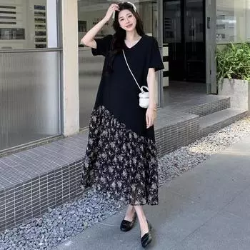 Dimanaf 2025 Женское Летнее Длинное Платье Винтажное Цветочное Платье-Рубашка с Коротким Рукавом Базовое Повседневное Свободное Платье Большого Размера L чёрный