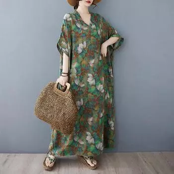 Dimanaf 2025 Женское Летнее Длинное Платье Плюс Размер Платье Базовое Винтажное Цветочное Свободное Повседневное Хлопок Льняной V-образный вырез One Size зелёный