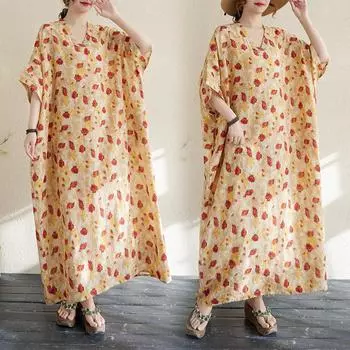 Dimanaf 2025 Женское Летнее Длинное Платье Большого Размера Цветочное Повседневное Винтажное Платье Базовое Свободное Платье Макси с V-образным Вырезом One Size жёлтый