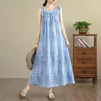 Dimanaf 2025 Женское летнее льняное платье больших размеров без рукавов, повседневное базовое новое платье, свободное длинное платье One Size синий