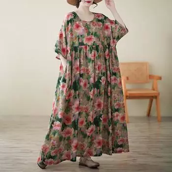 Dimanaf 2025 Женское Летнее Новое Свободное Винтажное Платье-рубашка Повседневное Длинное Платье С Принтом Базовый Короткий Рукав One Size красный