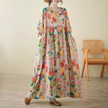 Dimanaf 2025 Женское Летнее Новое Свободное Винтажное Платье с Принтом Длинное Базовое Повседневное Платье С Коротким Рукавом One Size розовый