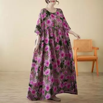 Dimanaf 2025 Женское Летнее Новое Винтажное Цветочное Платье Плюс Размер Праздничное Длинное Базовое Повседневное Свободное Платье С Коротким Рукавом One Size розовый