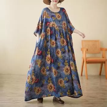 Dimanaf 2025 Женское Летнее Новое Винтажное Платье Плюс Размер Длинное Базовое Повседневное Свободное Платье Цветочное One Size синий