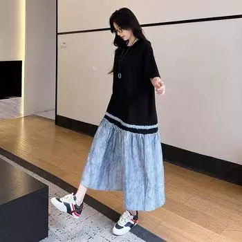 DIMANAF 2025 Женское летнее платье большого размера с вставками, винтажное платье-рубашка, базовое длинное элегантное повседневное платье оверсайз свободного кроя L чёрный