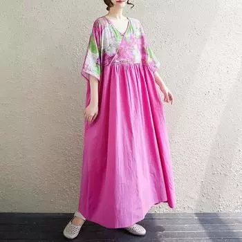 Dimanaf 2025 Женское летнее платье большого размера с V-образным вырезом, с принтом, повседневное, цветочное, базовое, с коротким рукавом, свободное, длинное платье One Size розовый