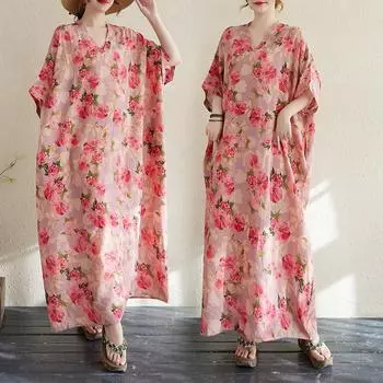 Dimanaf 2025 Женское Летнее Платье Больших Размеров Базовое Длинное Платье Винтаж Хлопок Льняной Повседневный V-образный Вырез Цветочный Свободный One Size розовый