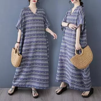 Dimanaf 2025 Женское Летнее Платье Больших Размеров Базовое Длинное Платье Полоска Винтаж Хлопок Льняной Повседневный Свободный One Size синий