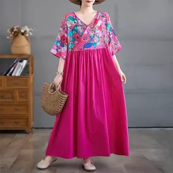Dimanaf 2025 Женское Летнее Платье Больших Размеров Базовое Винтажное Длинное Цветочное Плиссированное Платье Свободное Повседневное Принт Макси One Size розовый