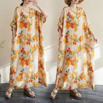 DIMANAF 2025 Женское Летнее Платье Больших Размеров Базовое Длинное Платье Винтажное Повседневное V-образный Вырез Цветочный Хлопок Лен Свободный One Size оранжевый