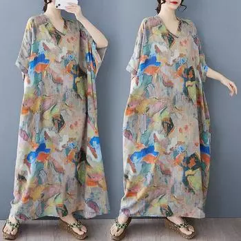 Dimanaf 2025 Женское Летнее Платье Больших Размеров Базовое Длинное Платье Винтажный Принт Хлопок Лен Повседневный Свободный One Size серый