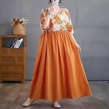 Dimanaf 2025 Женское Летнее Платье Больших Размеров Базовое Винтажное Плиссированное Платье Свободное Цветочное Длинное Повседневное Макси с Принтом One Size оранжевый