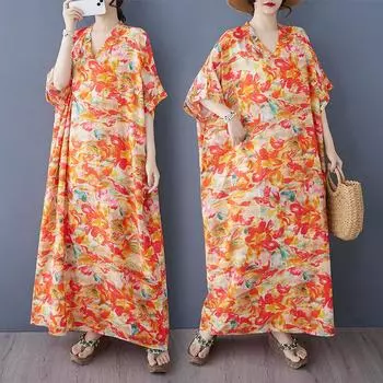 Dimanaf 2025 Женское Летнее Платье Больших Размеров Базовое Длинное Платье Винтаж Цветочный Повседневный V-образный Вырез Хлопок Лен Свободный One Size оранжевый
