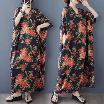 Dimanaf 2025 Женское Летнее Платье Больших Размеров Базовое Длинное Платье Винтажный Принт Цветочный Хлопок Лен Повседневный Свободный One Size чёрный