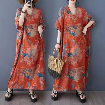 Dimanaf 2025 Женское Летнее Платье Больших Размеров Базовое Длинное Платье Винтажное Цветочное Свободное Повседневное V-образный вырез Хлопок Лен One Size красный