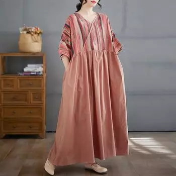 Dimanaf 2025 Женское Летнее Платье Больших Размеров Повседневное Базовое Винтажное Плиссированное Платье Свободное Длинное Принтованное Полосатое Макси One Size красный