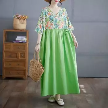 Dimanaf 2025 Женское Летнее Платье Больших Размеров Повседневное Базовое Винтажное Плиссированное Платье Свободное Длинное Цветочное Макси с Принтом One Size зелёный