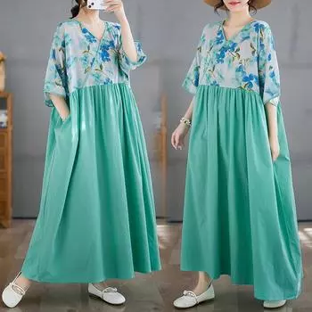 Dimanaf 2025 Женское Летнее Платье Больших Размеров Повседневное Базовое Винтажное Плиссированное Платье Свободное Длинное Цветочное Печать Макси One Size синий