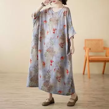 DIMANAF 2025 Женское Летнее Платье Большого Размера Свободное Повседневное Платье С Цветочным Принтом Базовое Винтажное Макси Короткий Рукав Льняное Платье One Size серый
