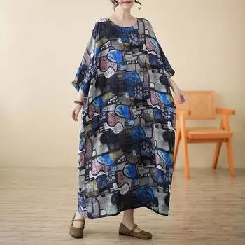 Dimanaf 2025 Женское Летнее Платье Больших Размеров Повседневное Платье С Принтом Базовое Винтажное Свободное Хлопковое Льняное Макси Короткий Рукав One Size синий