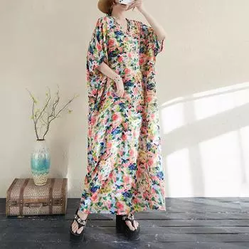 Dimanaf 2025 Женское Летнее Платье Большого Размера Цветочное Повседневное Винтажное Платье Базовое Свободное Длинное Платье Макси с V-образным Вырезом One Size красный