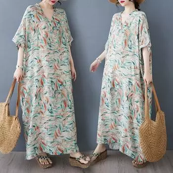 Dimanaf 2025 Женское Летнее Платье Больших Размеров Базовое Праздничное Длинное Платье Винтажное Повседневное V-образный Вырез Хлопок Лен Свободный One Size зелёный