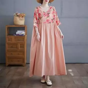 Dimanaf 2025 Женское Летнее Платье Больших Размеров Базовое Винтажное Цветочное Плиссированное Платье Свободное Длинное Повседневное Принтованное Макси One Size розовый