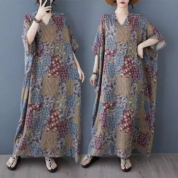 Dimanaf 2025 Женское Летнее Платье Больших Размеров Базовое Длинное Платье Лоскутное Винтажное Хлопок Льняное Повседневное Свободное One Size синий