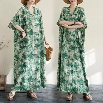 Dimanaf 2025 Женское Летнее Платье Больших Размеров Базовое Длинное Платье Винтаж Хлопок Лен Повседневный Цветочный Принт Свободный One Size зелёный