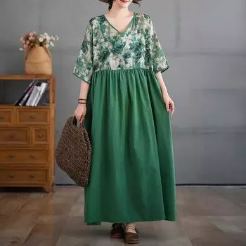Dimanaf 2025 Женское Летнее Платье Больших Размеров Повседневное Винтажное Плиссированное Платье Свободное Длинное Принтованное Макси Базовое One Size зелёный