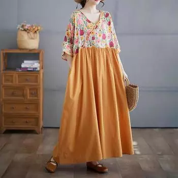 Dimanaf 2025 Женское Летнее Платье Больших Размеров Повседневное Винтажное Плиссированное Платье Свободное Длинное Цветочное Макси Базовое Платье One Size оранжевый
