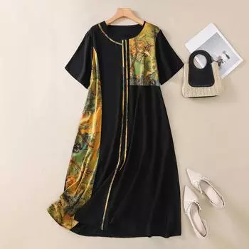 Dimanaf 2025 Женское Летнее Платье Больших Размеров Повседневное Платье Оверсайз Базовое Свободное Винтажное Платье С Принтом Новое One Size чёрный