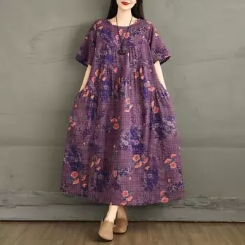 Dimanaf 2025 Женское Летнее Платье Плюс Размер Базовый Винтажный Принт Цветочный Повседневный Оверсайз Длинное Свободное Платье L фиолетовый