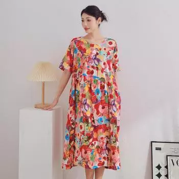 DIMANAF 2025 Женское летнее платье Повседневное платье с цветочным принтом Базовое винтажное свободное длинное платье One Size красный
