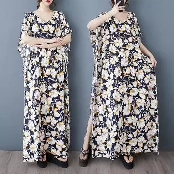 Dimanaf 2025 Женское Летнее Повседневное Свободное Платье с Винтажным Цветочным Принтом Базовое Платье Оверсайз с Коротким Рукавом Макси XL темно-синий