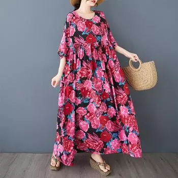 Dimanaf 2025 Женское летнее свободное платье больших размеров Повседневное платье с цветочным принтом Базовое винтажное макси с коротким рукавом Льняное платье One Size розовый