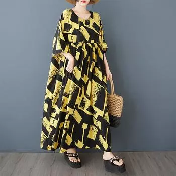 Dimanaf 2025 Женское летнее свободное платье больших размеров Повседневное модное платье Базовое винтажное макси с коротким рукавом Новое One Size жёлтый