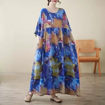 Dimanaf 2025 Женское Летнее Свободное Платье с Винтажным Принтом, Базовое Оверсайз, Повседневное, С Коротким Рукавом, Макси One Size синий