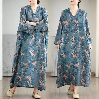 Dimanaf 2025 Женское Летнее Свободное Платье Плюс Размер Базовый Винтаж Пляжный Принт Цветочный Повседневный Длинное Платье One Size синий