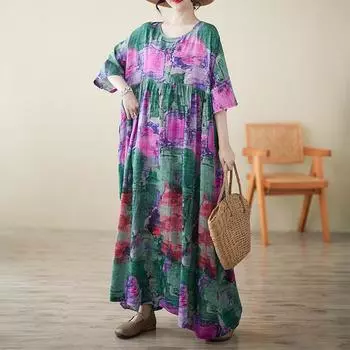 Dimanaf 2025 Женское Летнее Свободное Винтажное Платье-рубашка Большого Размера Повседневное Длинное Платье С Принтом Базовое Макси с Коротким Рукавом One Size зелёный