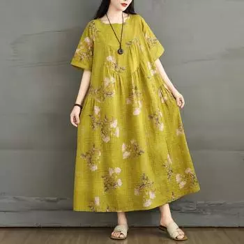 Dimanaf 2025 Женское Летнее Винтажное Платье Плюс Размера Новое Свободное Платье С Коротким Рукавом Цветочный Принт Базовое Повседневное Платье L жёлтый